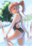  aro_(charged_time_out) ass brown_eyes brown_hair competition_swimsuit face long_hair looking_at_viewer looking_back naughty_face one-piece_swimsuit original outdoors partially_submerged ponytail pool smile solo swimsuit water 