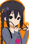 black_hair braid brown_eyes glasses hair_ornament hat highres k-on! nakano_azusa pinky_out smile twin_braids