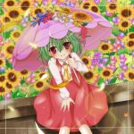  bad_id flower flower_field green_hair kazami_yuuka nekosugiayana red_eyes skirt skirt_set solo sunflower touhou umbrella youkai 