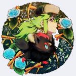  baseball_cap blue_rose flower fur_coat fur_trim green_hair hat male n_(pokemon) noe_yuuhi pokemon pokemon_(game) pokemon_black_and_white pokemon_bw ponytail rose snowflakes ueno_makoto wreath zorua 