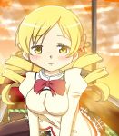  blonde_hair blush bow breast_squeeze breasts drill_hair hair_ornament kame_no_nin large_breasts looking_at_viewer mahou_shoujo_madoka_magica official_style pantyhose plaid plaid_skirt pleated_skirt school_uniform skirt smile solo sunset table taut_shirt tomoe_mami window yellow_eyes 