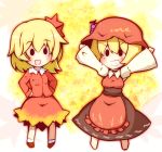  &gt;:) &gt;:d :d \o/ aki_minoriko aki_shizuha arms_up blonde_hair chibi dress fang food fruit grapes grin hands_on_hips hat highres leaf leaf_on_head multiple_girls nosada open_mouth outstretched_arms smile solid_circle_eyes teeth touhou 