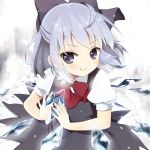  :q blue_dress blue_eyes blue_hair blush bow cirno dress hair_bow ice ice_wings lace-trimmed_skirt neck_ribbon perfect_cherry_blossom puffy_sleeves purin_jiisan ribbon short_hair short_sleeves simple_background smile snow solo tongue touhou wings 