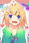  badge blush bow casual eyes_visible_through_hair hair_bow hair_ornament hairclip heart heart-shaped_pupils highres kagamine_rin solo symbol-shaped_pupils temari_(artist) temari_(deae) vocaloid 