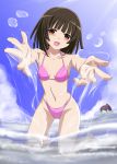  2girls bakemonogatari bikini blush brown_eyes brown_hair chibi foreshortening highleg highleg_bikini highleg_swimsuit highres innertube kneeling long_hair monogatari_(series) multiple_girls partially_submerged perspective sengoku_nadeko senjougahara_hitagi shirosame solo splash splashing swimsuit water 