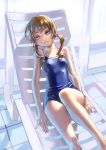  aro_(charged_time_out) bare_legs bare_shoulders blue_eyes brown_hair erect_nipples face looking_at_viewer lying on_back one-piece_swimsuit original smile solo swimsuit twintails 