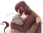  ao_no_exorcist black_hair closed_eyes eyes_closed glasses hug multiple_boys okumura_rin okumura_yukio open_mouth pointy_ears seal_(seal1102) siblings tail 