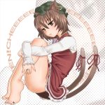 1girl animal_ears brown_eyes brown_hair cat_ears cat_tail chen hat jewelry kurone leg_hug no_panties ring solo tail thigh-highs thighhighs touhou