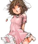  animal_ears barefoot brown_hair bunny_ears carrot dress inaba_tewi jewelry jumping kiguchiko messy_hair necklace open_mouth pendant red_eyes rough simple_background solo touhou 