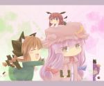  4girls 5girls :&lt; :d :o =_= ^_^ all_fours animal_ears animal_on_head around_corner bat_wings bird bird_on_head blush book bow braid brown_eyes cat_ears cat_tail chibi chibi_on_head closed_eyes commentary_request crescent demon_tail detached_wings dress dress_shirt extra_ears fang green_dress hair_bow hair_ribbon hat hazuki_ruu head_wings heart highres kaenbyou_rin koakuma komeiji_satori letterboxed long_hair long_sleeves mini_wings minigirl multiple_girls multiple_tails necktie o3o open_mouth patchouli_knowledge peeking_out pink_dress pointy_ears purple_dress purple_hair red_hair redhead reiuji_utsuho reiuji_utsuho_(bird) ribbon shirt skirt skirt_set smile tail the_embodiment_of_scarlet_devil third_eye touhou twin_braids vest wide_face wings 