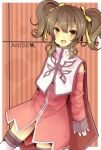  1girl anise_tatlin brown_eyes brown_hair character_name coat heart pink_background short_hair skirt smile solo suzuna951031 tales_of_(series) tales_of_the_abyss twintails 