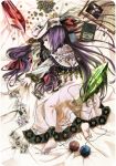  adapted_costume barefoot bed_sheet book bookmark capelet coin crescent dress feathers hair_ribbon hat long_hair mura_(sensuido) on_side patchouli_knowledge photo_(object) purple_eyes purple_hair ribbon sheet_grab solo stone touhou violet_eyes yarnball 