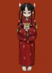  barefoot black_hair braid brown_eyes copyright_request dog hair_bobbles hair_ornament highres horns japanese_clothes kimono monster_girl polo_(pixiv1844541) solo 