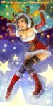 antlers bell blue_eyes boots breasts brown_hair christmas cleavage collar gift gloves hat kazeco large_breasts original santa_costume santa_hat snowing solo star tail 