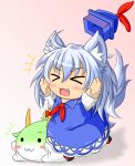  &gt;_&lt; :3 animal_ears arms_up blue_dress blush blush_stickers chibi dog_ears dog_tail dress ex-keine fang hat horns kamishirasawa_keine kamishirasawa_keine_(hakutaku) kemonomimi_mode kokujuuji open_mouth silver_hair smile solo sukusuku_hakutaku tail touhou 