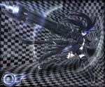  arm_cannon black_rock_shooter black_rock_shooter_(character) boots checkered glowing glowing_eyes highres ledjoker07 long_hair solo thigh-highs thighhighs weapon 