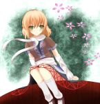  :&lt; arm_warmers blonde_hair cain_(inosennto007) dress green_eyes highres mizuhashi_parsee pointy_ears scarf sitting solo touhou 