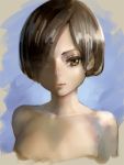 aro_(charged_time_out) bare_shoulders brown_eyes brown_hair bust collarbone face hair_over_one_eye looking_at_viewer original short_hair simple_background solo 
