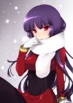  :&lt; akira_(natsumemo) breasts gloves long_hair looking_at_viewer natsume_(pokemon) pantyhose pokemon pokemon_(game) pokemon_rgby purple_hair red_eyes scarf sitting snow snowing solo sweater 