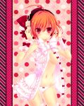  ahoge bare_shoulders blush bow bow_panties breasts cleavage hair_bow headphones highres konno_kengo large_breasts looking_at_viewer mound_of_venus navel no_bra open_clothes open_clothing open_shirt orange_hair original panties pantsu polka_dot polka_dot_background red_eyes red_hair redhead solo thigh-highs thighhighs underwear white_panties wrist_cuffs 