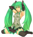 and armpits arms_up boots detached_sleeves face green_eyes green_hair hatsune_miku long_hair necktie simple_background sitting skirt solo thigh-highs thigh_boots thighhighs twintails very_long_hair vocaloid white_background 