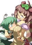 antennae blush breast_smother breasts brown_eyes brown_hair clenched_teeth futatsuiwa_mamizou glasses green_hair hamahara_yoshio hamasan leaf leaf_on_head multiple_girls pince-nez staring_at_breasts tail touhou v wince wink wriggle_nightbug