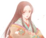  black_hair copyright_request henrin_(uhiroe) japanese_clothes kimono long_hair looking_at_viewer pale_color petals simple_background solo white_background 