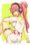  and aqua_eyes back dress garters headphones impossible_clothes impossible_clothing leg_garter lips long_hair looking_back megurine_luka ponytail short_hair sitting smile solo thighs vocaloid 