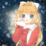  blonde_hair blue_eyes coat hinokami_sakura kamio_misuzu long_hair mittens ponytail scarf snowflakes solo 