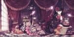  birdcage black_dress black_hair book bow bow_(instrument) broken_mirror brooch butterfly cage checkered checkered_floor cross curtains doll dress facial_mark flower frills gothic_lolita grey_eyes hair_flower hair_ornament hairband instrument jewelry lamp large_bow lolita_fashion long_hair mirror mirusa original pink_rose rose sitting solo suitcase sunlight violin window 