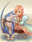  1girl aqua_eyes chain chains cwind dog dress estellise_sidos_heurassein gloves out_of_character pants petting pink_hair repede short_hair smile squatting tales_of_(series) tales_of_vesperia yellow_background 