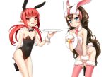  animal_ears bare_legs bare_shoulders blue_eyes blush bowtie brown_hair bunny_ears bunny_tail bunnysuit collarbone cuffs detached_collar dungeon_and_fighter flat_chest hairband long_hair mage_(dungeon_and_fighter) mintai multiple_girls necktie open_mouth original pointy_ears red_eyes red_hair redhead simple_background tail thigh-highs thighhighs tray wrist_cuffs yonggi 