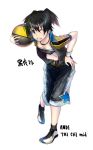  basketball black_hair black_rock_shooter blue_eyes grin hand_on_hip hips kuroi_mato navel open_clothes open_jacket shoes short_twintails shorts smile sneakers solo sweatband tobimaru tubetop twintails wink 