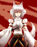  animal_ears card detached_sleeves fangs fingerless_gloves gloves hat highres inubashiri_momiji inyuppo open_mouth pom_pom_(clothes) pom_pom_(clothing) red_eyes slit_pupils solo tail tokin_hat touhou white_hair wolf_ears wolf_tail 