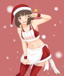  amagami apron armband bare_shoulders bob_cut brown_eyes brown_hair cat christmas hat midriff santa_costume santa_hat short_hair solo tanaka_keiko thigh-highs thighhighs toki_(artist) v_over_eye wink wrist_cuffs 