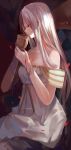  bad_id bare_shoulders chalice cup dhiea dress fate/stay_night fate/zero fate_(series) irisviel_von_einzbern long_hair red_eyes solo white_dress white_hair 