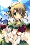  blonde_hair copyright_request frills green_eyes highres maid maid_headdress mikeou ribbon short_hair smile solo 