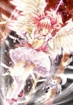  :3 angel_wings arms_up bubble_skirt choker feathers gloves hair_ribbon highres kaname_madoka kyubey lights magical_girl mahou_shoujo_madoka_magica myage open_mouth pink_eyes pink_hair red_eyes ribbon rubbing_eyes shirt skirt smile soul_gem tears twintails white_gloves wings wink 