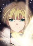  ahoge archetype_saber blonde_hair excalibur fate/prototype fate/stay_night fate_(series) glowing glowing_sword glowing_weapon green_eyes male nina_(pastime) saber_(fate/prototype) short_hair solo sword weapon 