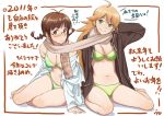  aerodog ahoge akizuki_ritsuko antenna_hair arm_up barefoot bikini blonde_hair blush braid breasts brown_eyes brown_hair cleavage glasses green_eyes hoshii_miki idolmaster inu_(aerodog) jacket long_hair multiple_girls navel o-ring_top scarf shared_scarf shiny shiny_skin short_hair sitting smile swimsuit translated twin_braids yokozuwari 