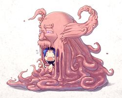  1boy 1girl blue_hair blueberry_(5959) chibi facial_hair kumoi_ichirin mustache o_o open_mouth pink_eyes tears tentacles touhou unzan vore wavy_mouth 