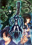  arm_cannon black_hair black_rock_shooter black_rock_shooter_(character) blue_eyes cellphone_strap checkered checkered_background dead_master green_eyes green_hair highres hoodie kaeru314 kuroi_mato midriff multiple_girls navel scar scythe short_shorts short_twintails shorts skull smile takanashi_yomi twintails weapon wink 