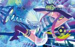  1girl abstract elbow_gloves hairband headphones looking_at_viewer microphone microphone_stand see-through skin_tight supernova thigh_highs two-toned_hair vocaloid wallpaper yellow_eyes zain 