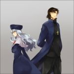  age_difference brown_eyes brown_hair caren_hortensia caren_ortensia closed_eyes cross fate/hollow_ataraxia fate/stay_night fate/zero fate_(series) father_and_daughter habit hat jewelry kotomine_kirei long_coat long_hair necklace priest silver_hair white_hair yellow_eyes 