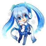  alternate_color alternate_hair_color blue_eyes blue_hair chibi detached_sleeves gloves hatsune_miku headphones long_hair looking_at_viewer nigo open_mouth scarf skirt smile snowflakes solo twintails very_long_hair vocaloid yuki_miku 