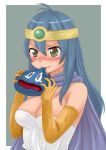  ahoge blue_hair blush breasts brown_eyes bust cape circlet cleavage dragon_quest dragon_quest_iii eating elbow_gloves food gloves highres jpeg_artifacts kumikouj large_breasts nikuman sage_(dq3) slime_(dragon_quest) tears wavy_mouth 
