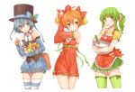  ahoge bag bare_shoulders bell bell_(rbb) blue_(rbb) blue_eyes blue_hair blush bow bowl candy_cane christmas collarbone dress green_eyes green_hair green_legwear hair_bell hair_ornament hat hat_bow hat_ribbon holding icing looking_at_viewer multiple_girls orange_hair original rainy_(rbb) rainybluebell ribbon rojiko simple_background skirt smile star striped striped_legwear sweatdrop thigh-highs thighhighs top_hat whisk white white_background 