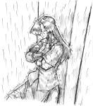  beret closed_eyes crossed_arms eyes_closed graphite_(medium) hair_over_one_eye hat highres hong_meiling long_hair monochrome muscle rain sketch solo touhou traditional_media whiterock_chilly 