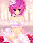  bare_shoulders between_legs blush braid breasts cherry_blossoms choker cleavage flower forest frills hair_flower hair_ornament hand_between_legs konno_kengo large_breasts light_smile long_hair looking_at_viewer midriff nature navel original petals pink_hair purple_eyes sarong sitting smile solo thigh-highs thighhighs violet_eyes white_legwear 