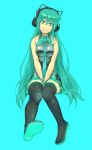 alternate_hairstyle and aqua_eyes boots green_hair hands_on_lap hatsune_miku head_tilt headphones long_hair necktie simple_background sitting skirt solo thigh-highs thigh_boots thighhighs very_long_hair vocaloid 